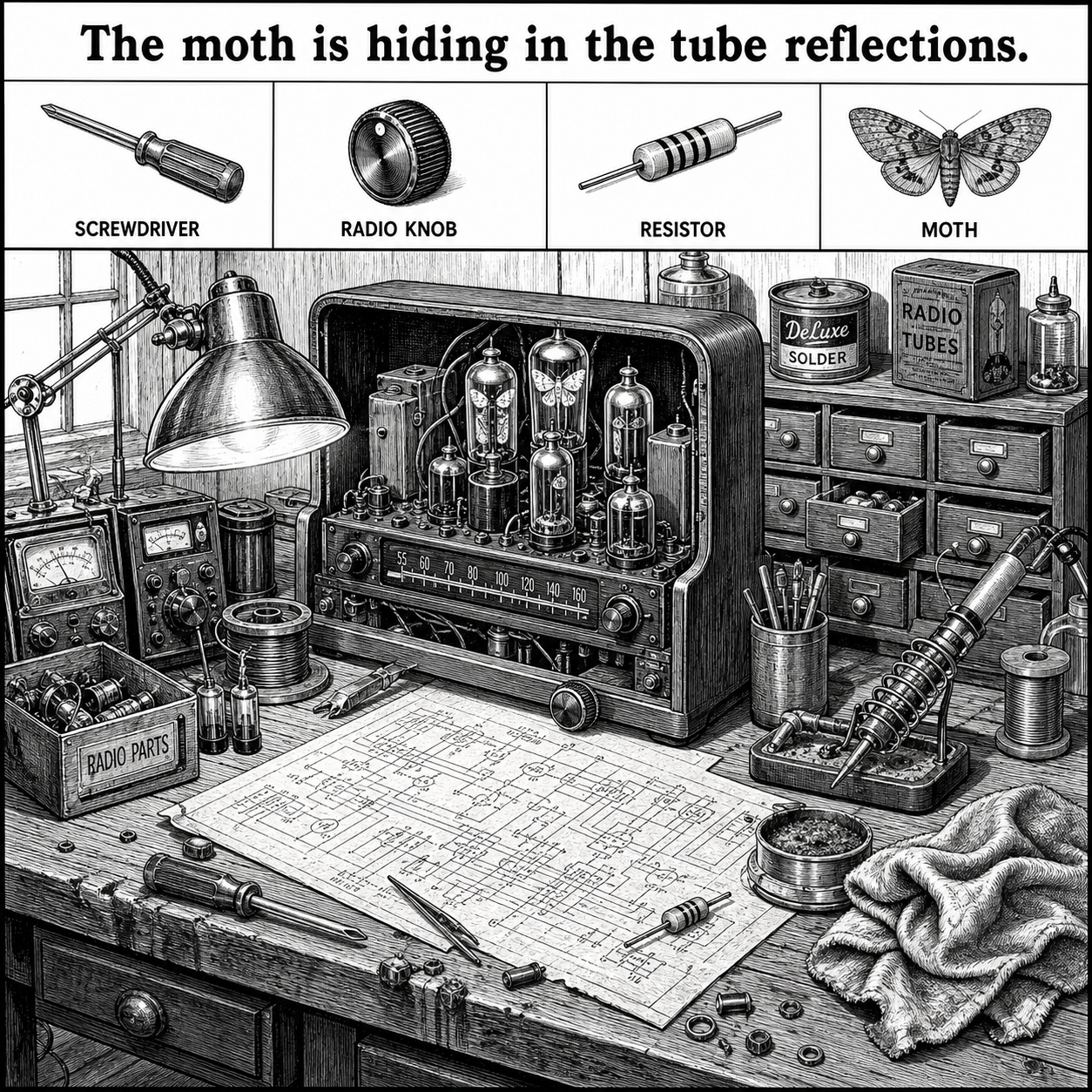 Answer: Four Hidden Objects in the Radio Tube Reflections