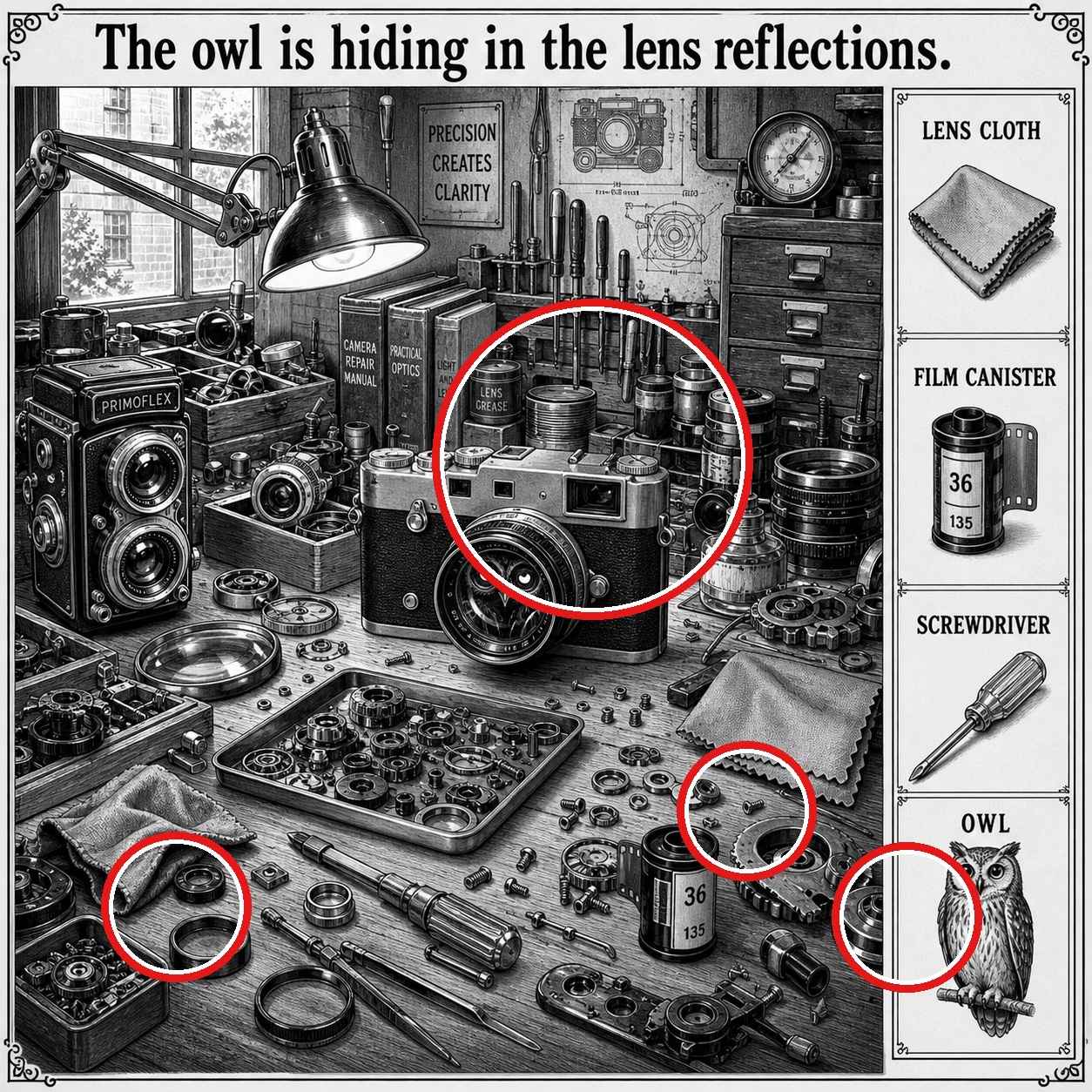 Answer: Four Hidden Objects at the Camera Repair Bench answer image