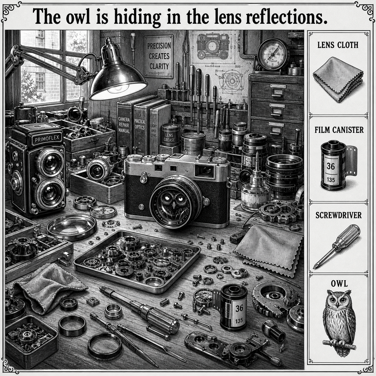 Answer: Four Hidden Objects at the Camera Repair Bench