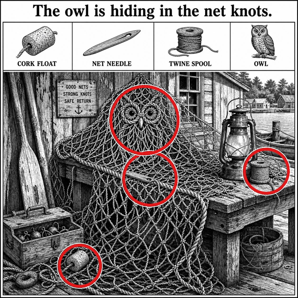 Answer: Four Hidden Objects on the Fishing Net Bench answer image