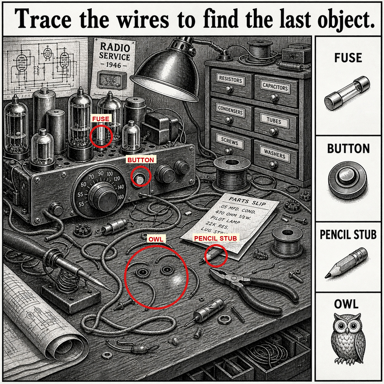 Answer: Four Hidden Objects on the Radio-Repair Bench answer image
