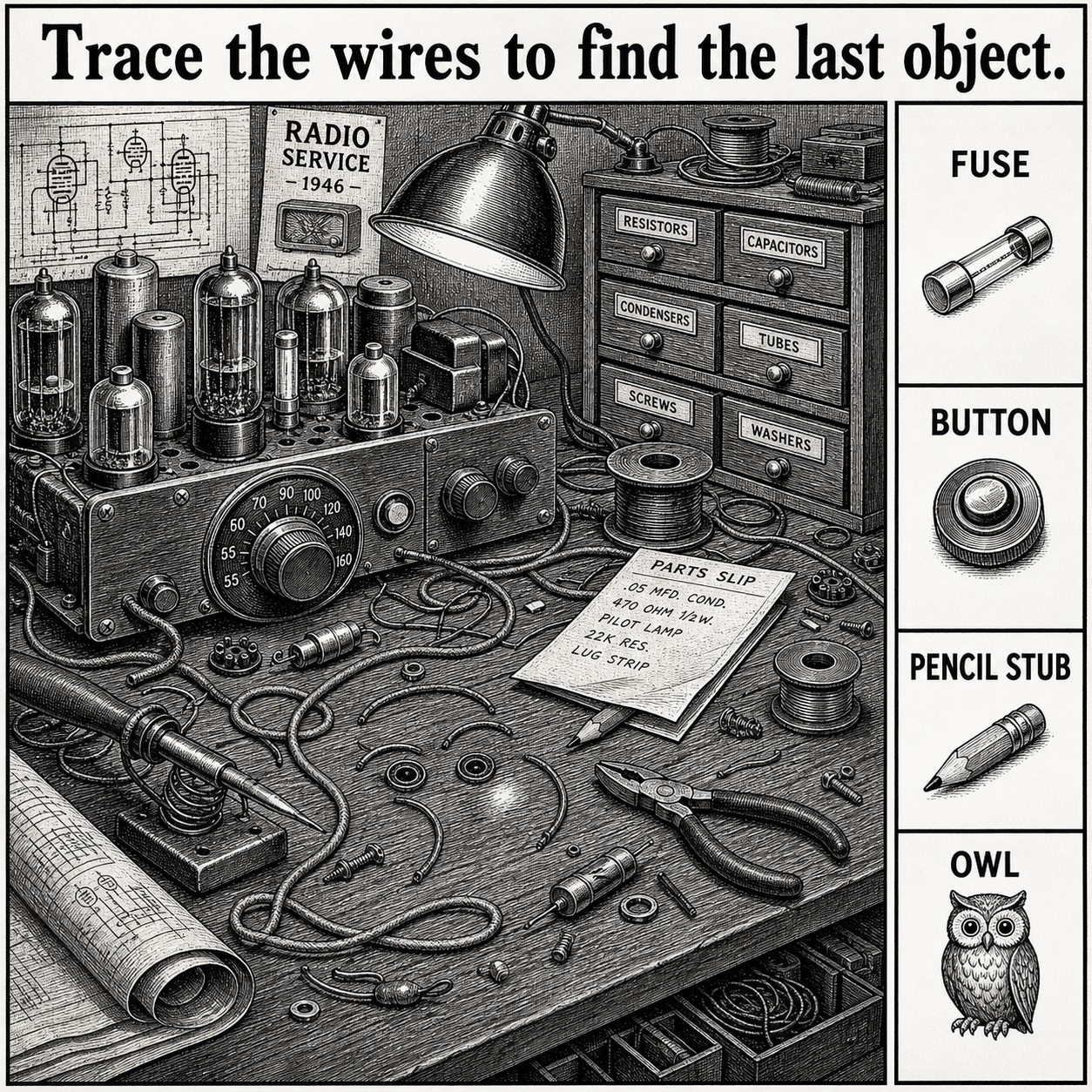 Answer: Four Hidden Objects on the Radio-Repair Bench