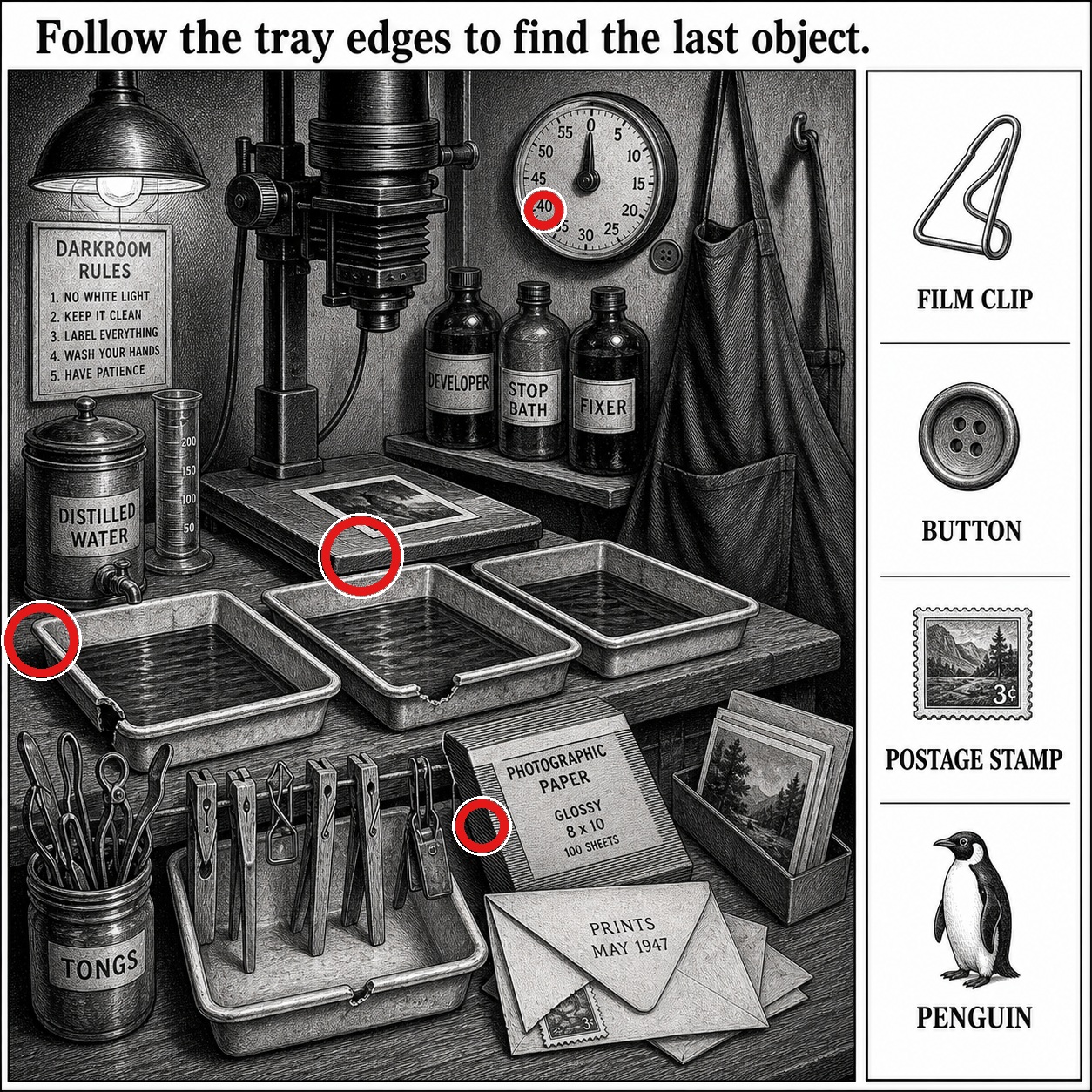 Answer: Four Hidden Objects in the 1940s Photography Darkroom answer image