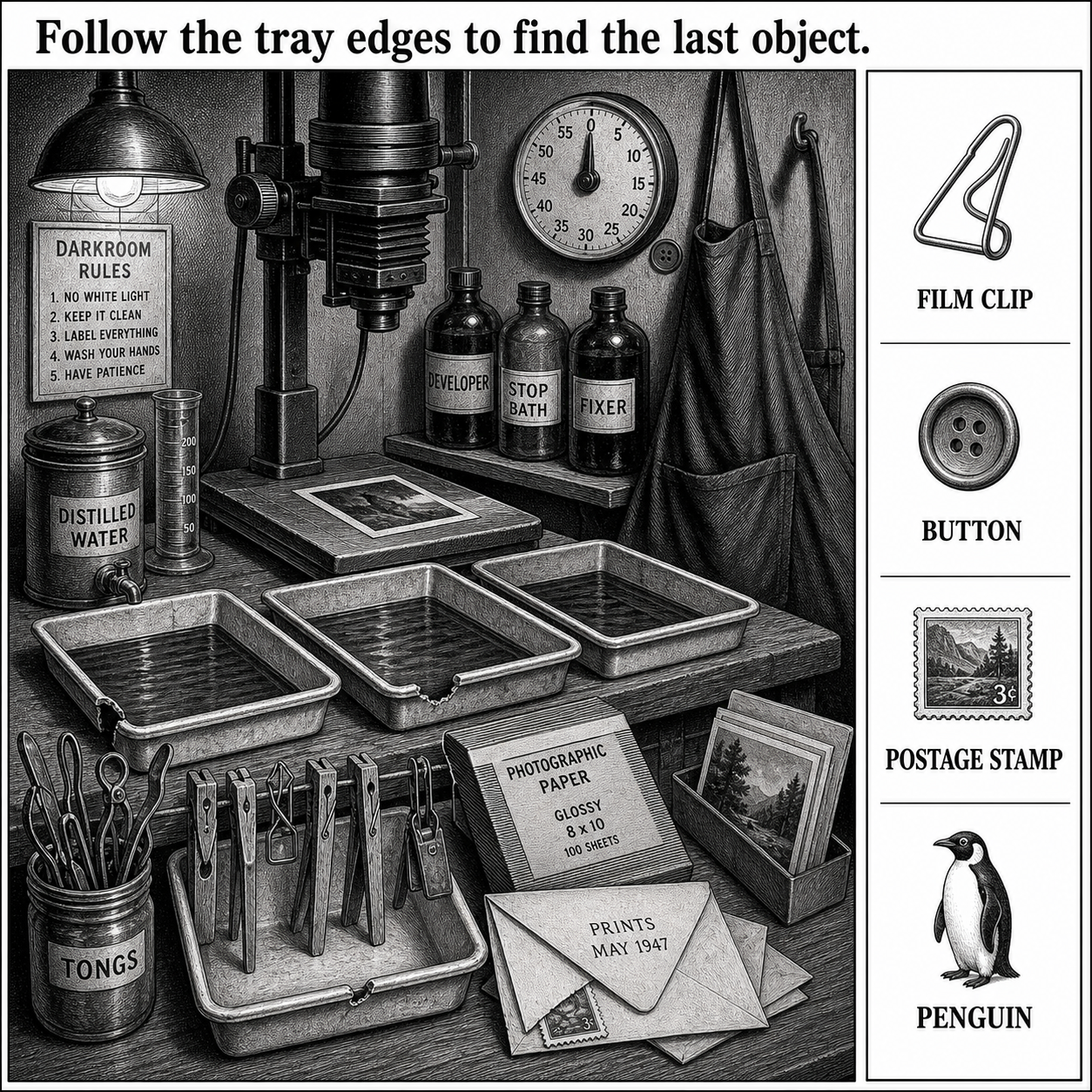 Answer: Four Hidden Objects in the 1940s Photography Darkroom