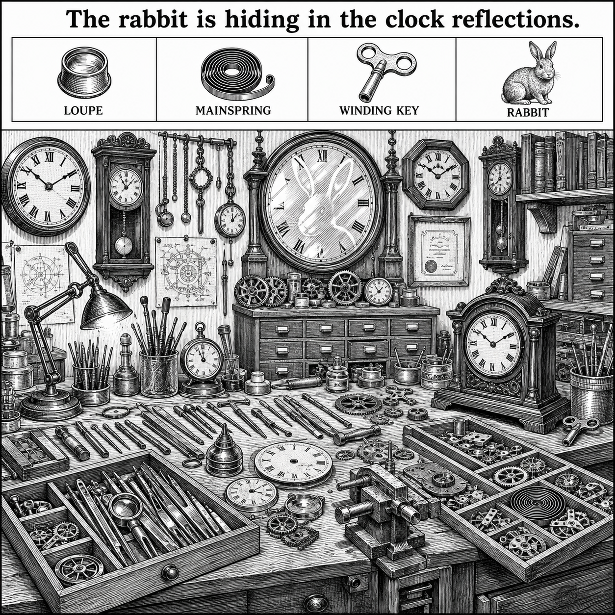 Answer: Four Hidden Objects in the Clock Repair Shop
