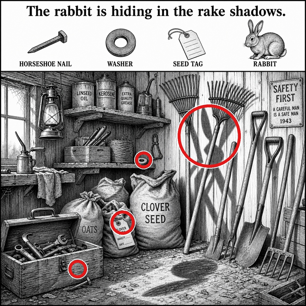 Answer: Four Hidden Objects in the Farm Tool Shed answer image