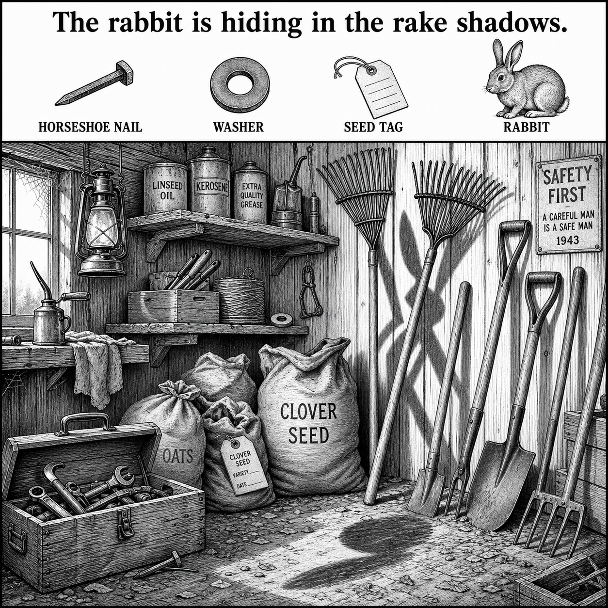 Answer: Four Hidden Objects in the Farm Tool Shed