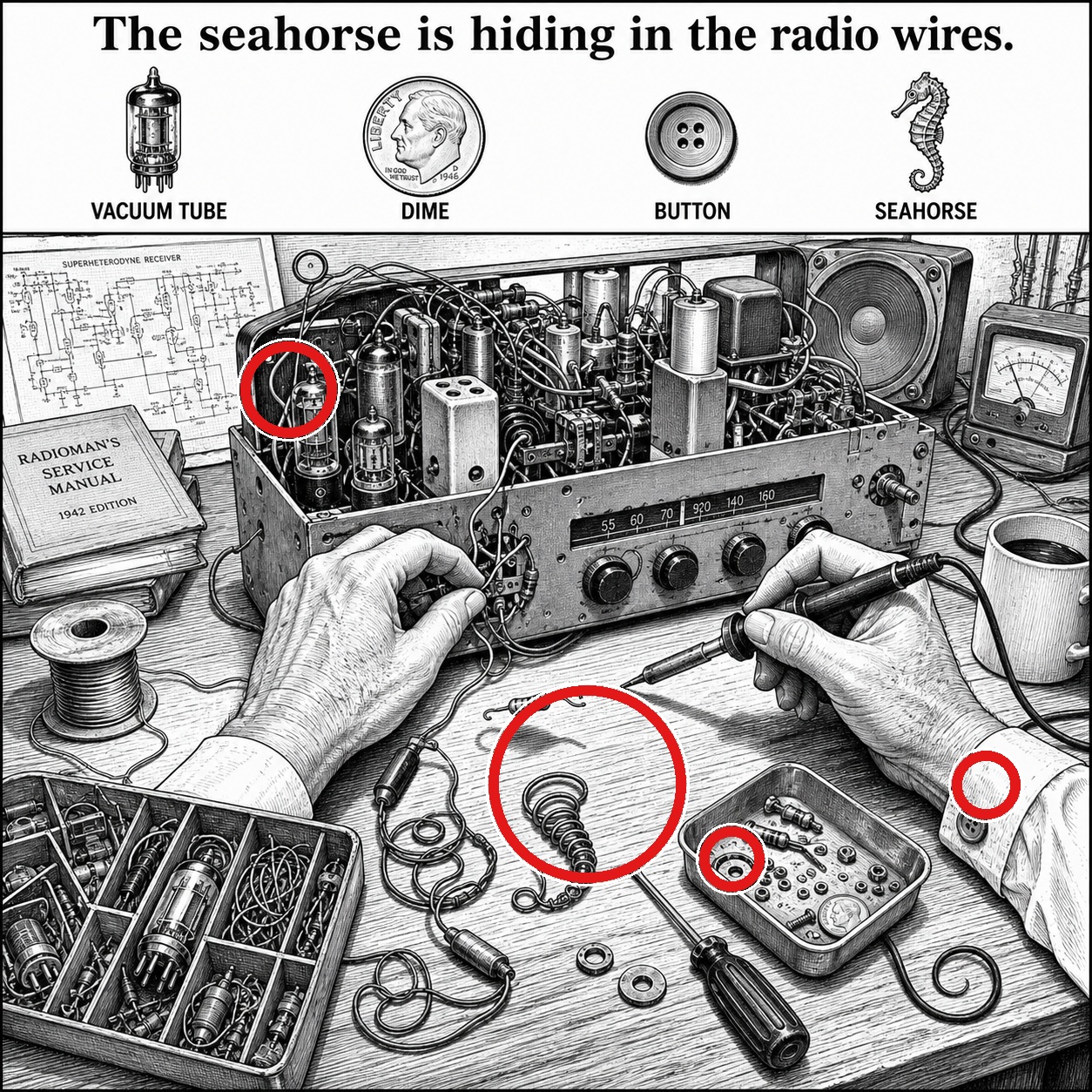 Answer: Four Hidden Objects on the Radio Repair Bench answer image