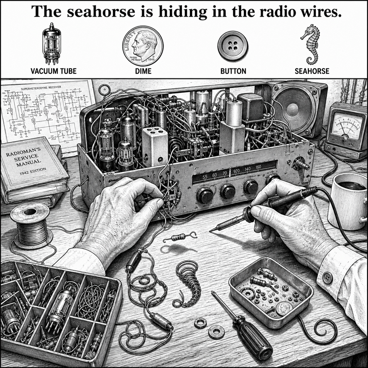 Answer: Four Hidden Objects on the Radio Repair Bench
