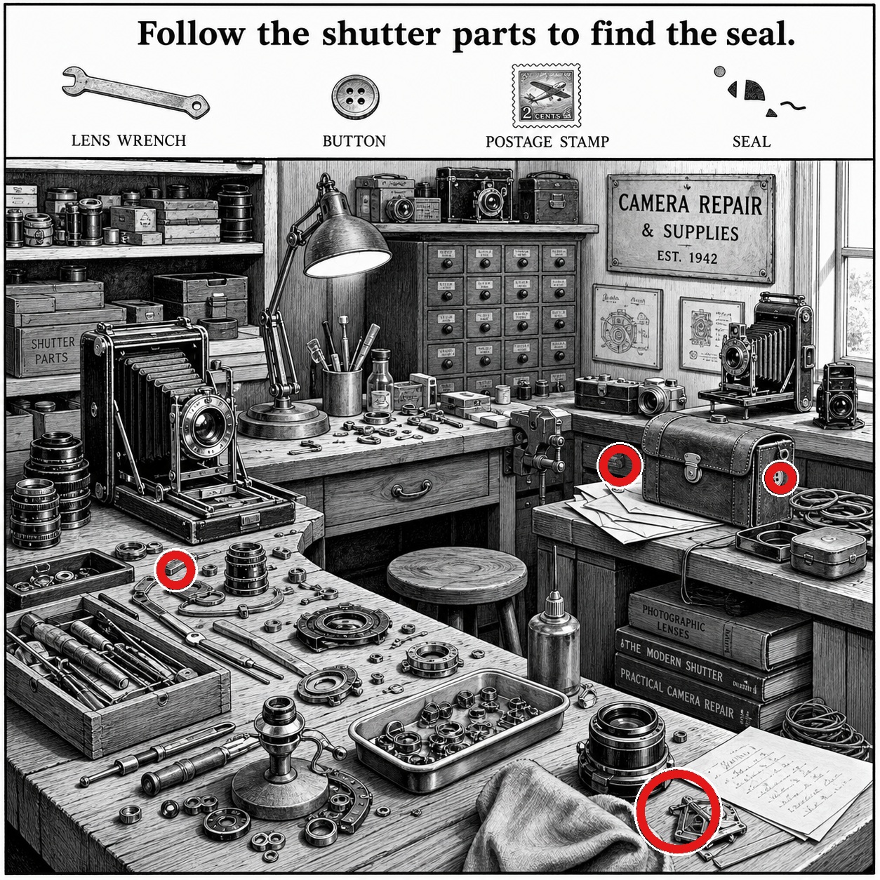 Answer: Four Hidden Objects in the 1940s Camera Repair Shop answer image