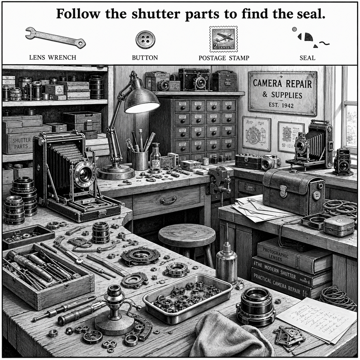 Answer: Four Hidden Objects in the 1940s Camera Repair Shop