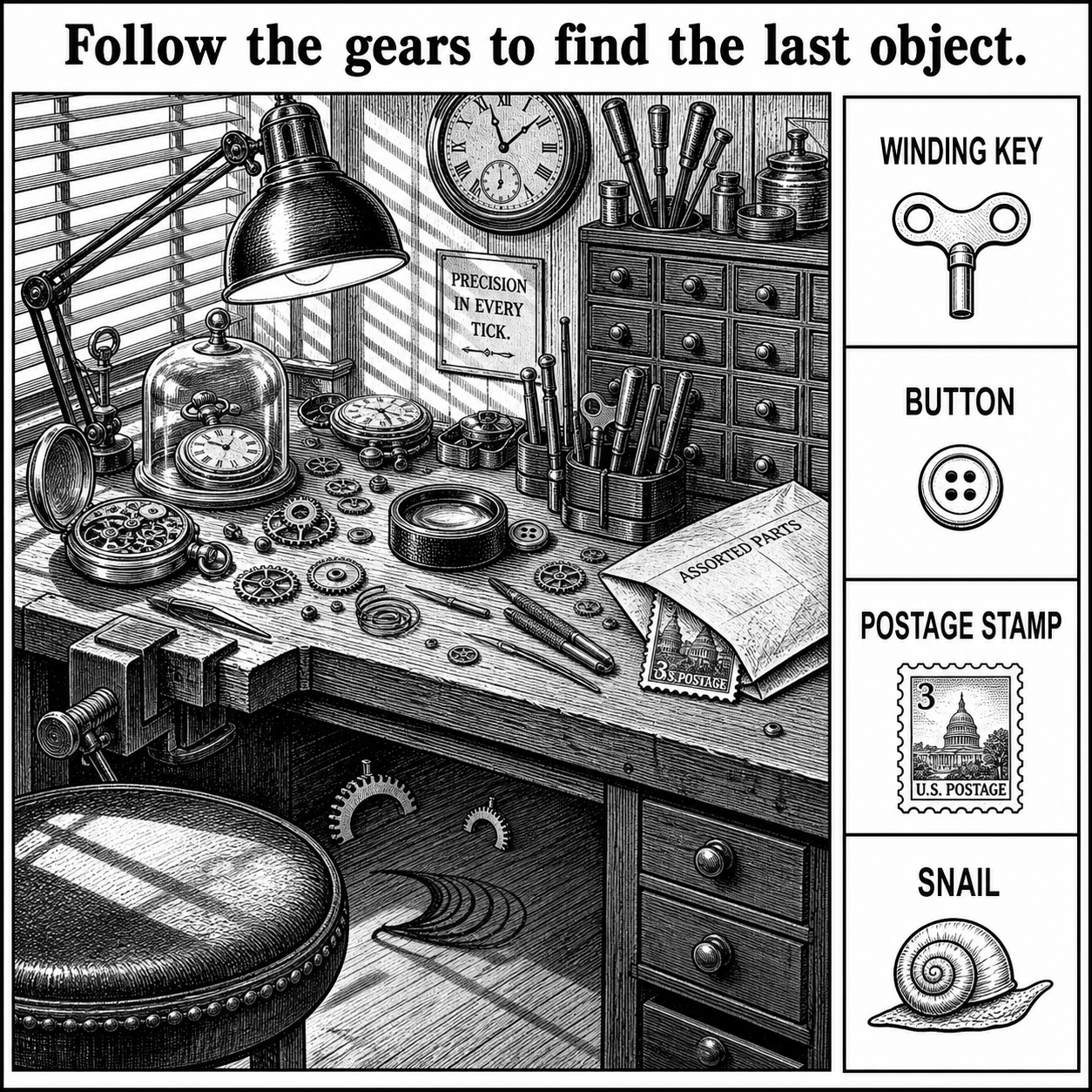 Answer: Four Hidden Objects on the Watchmaker's Bench