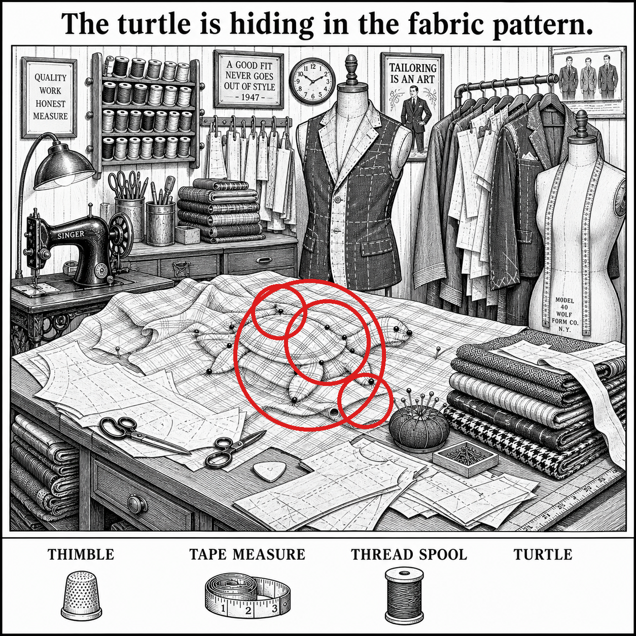 Answer: The Turtle in the Tailor Workroom Puzzle answer image