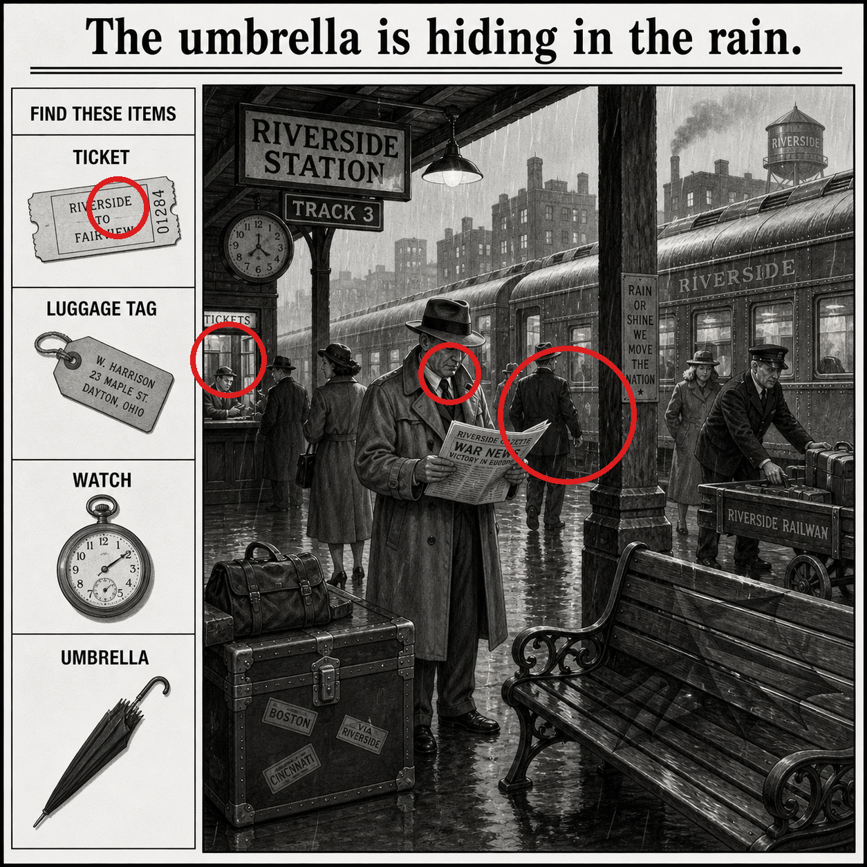 Answer: The Umbrella at the Train Station answer image