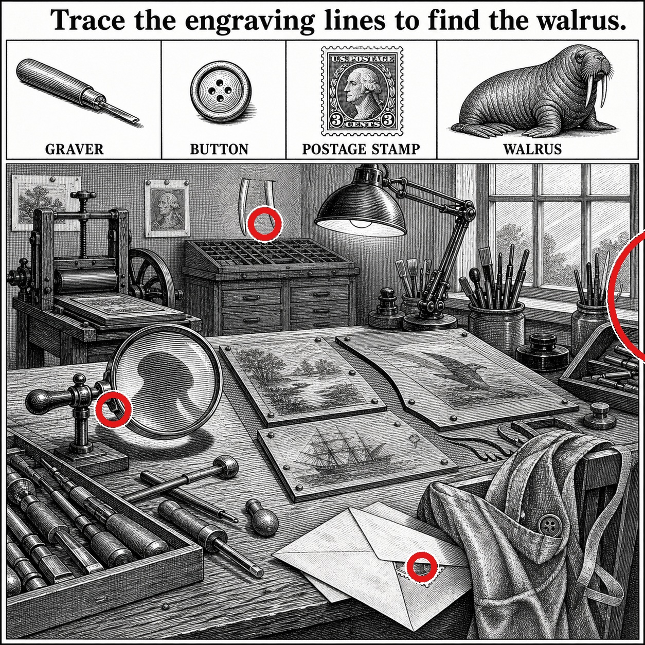 Answer: Four Hidden Objects in the Engraving Room answer image