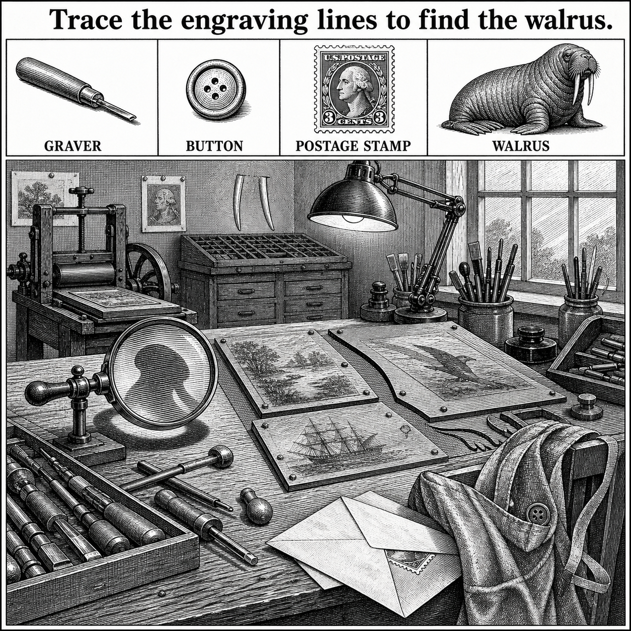 Answer: Four Hidden Objects in the Engraving Room