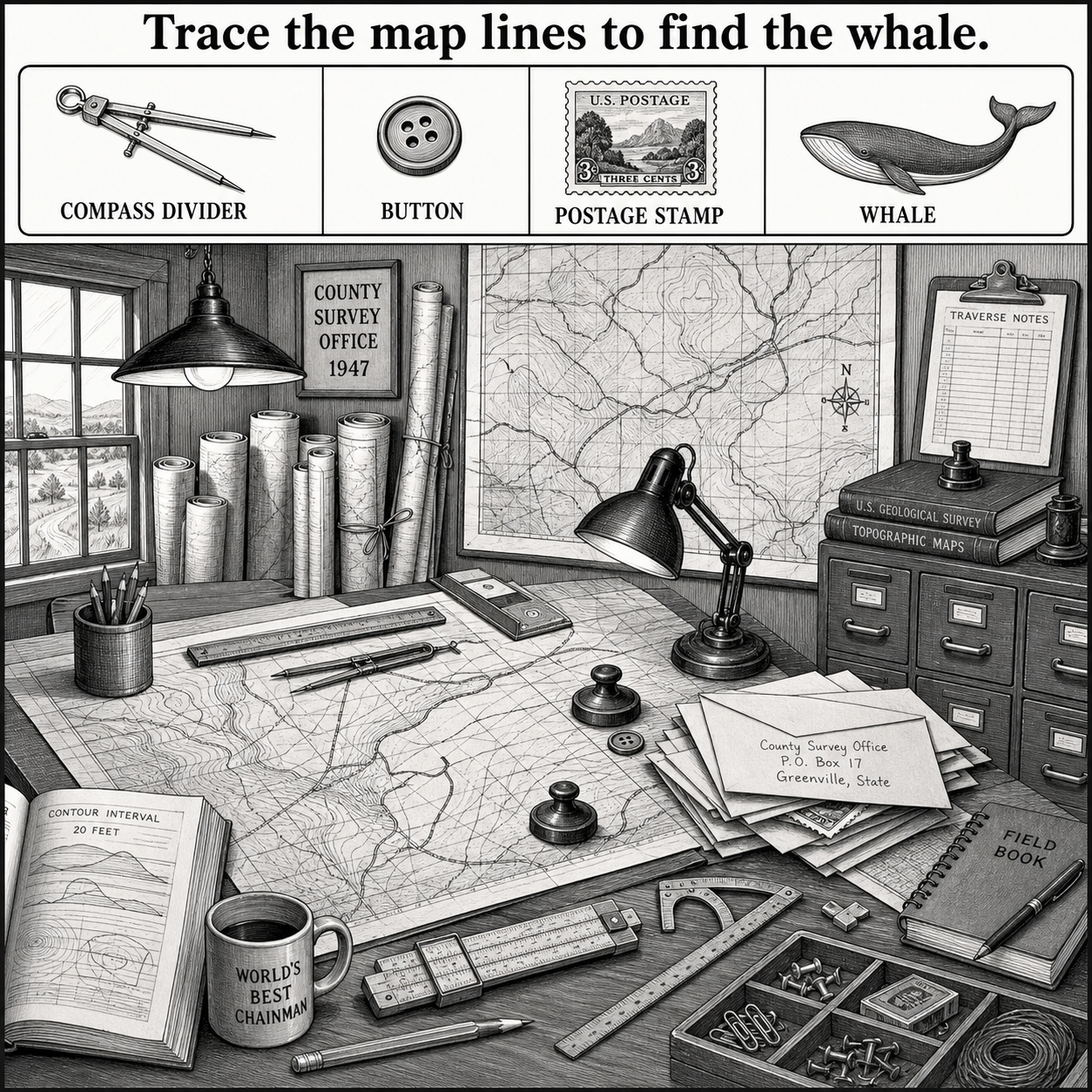 Answer: Four Hidden Objects in the County Surveyor Map Room