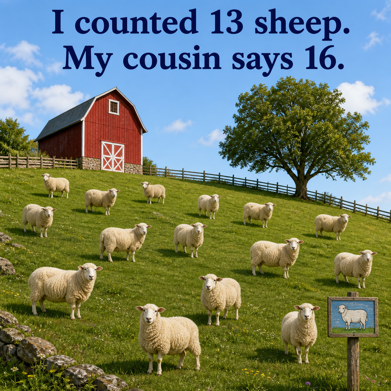 Answer: 13 Sheep on the Hillside Pasture