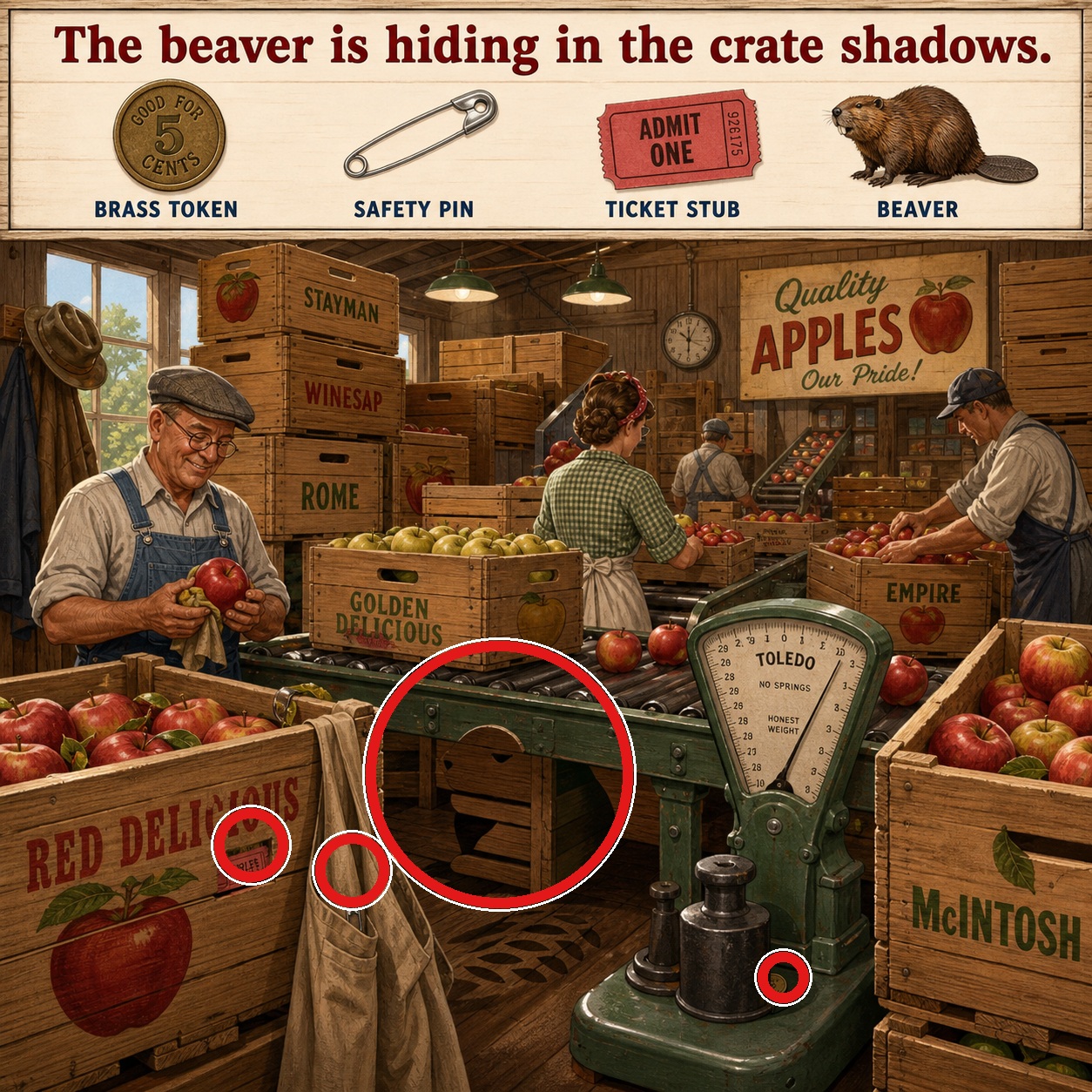 Answer: Four Hidden Objects in the Apple Packing Warehouse answer image