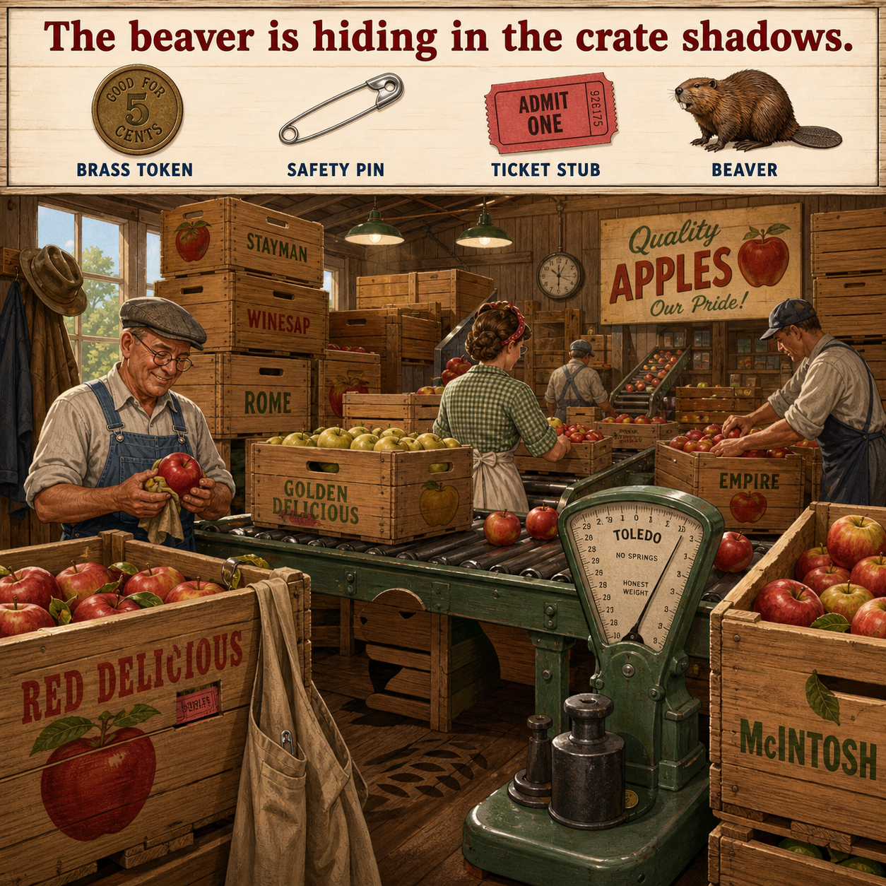 Answer: Four Hidden Objects in the Apple Packing Warehouse