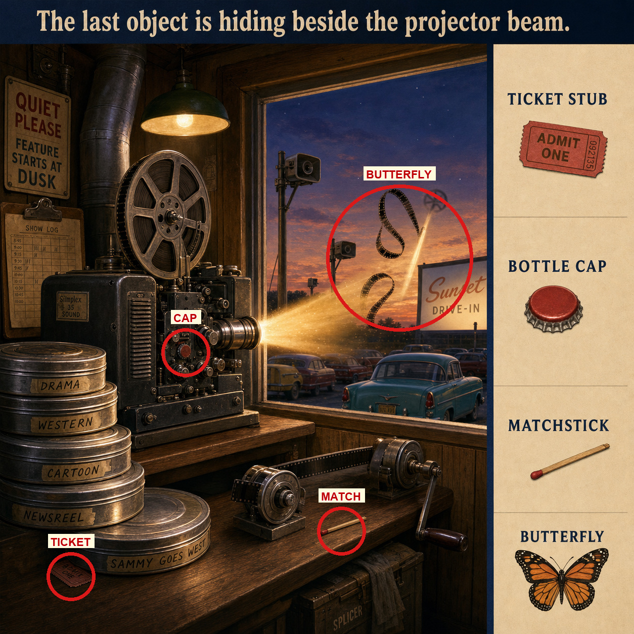 Answer: Four Hidden Objects in the Drive-In Projection Booth answer image