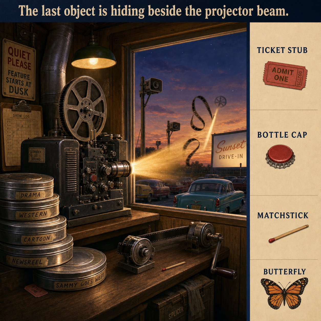Answer: Four Hidden Objects in the Drive-In Projection Booth