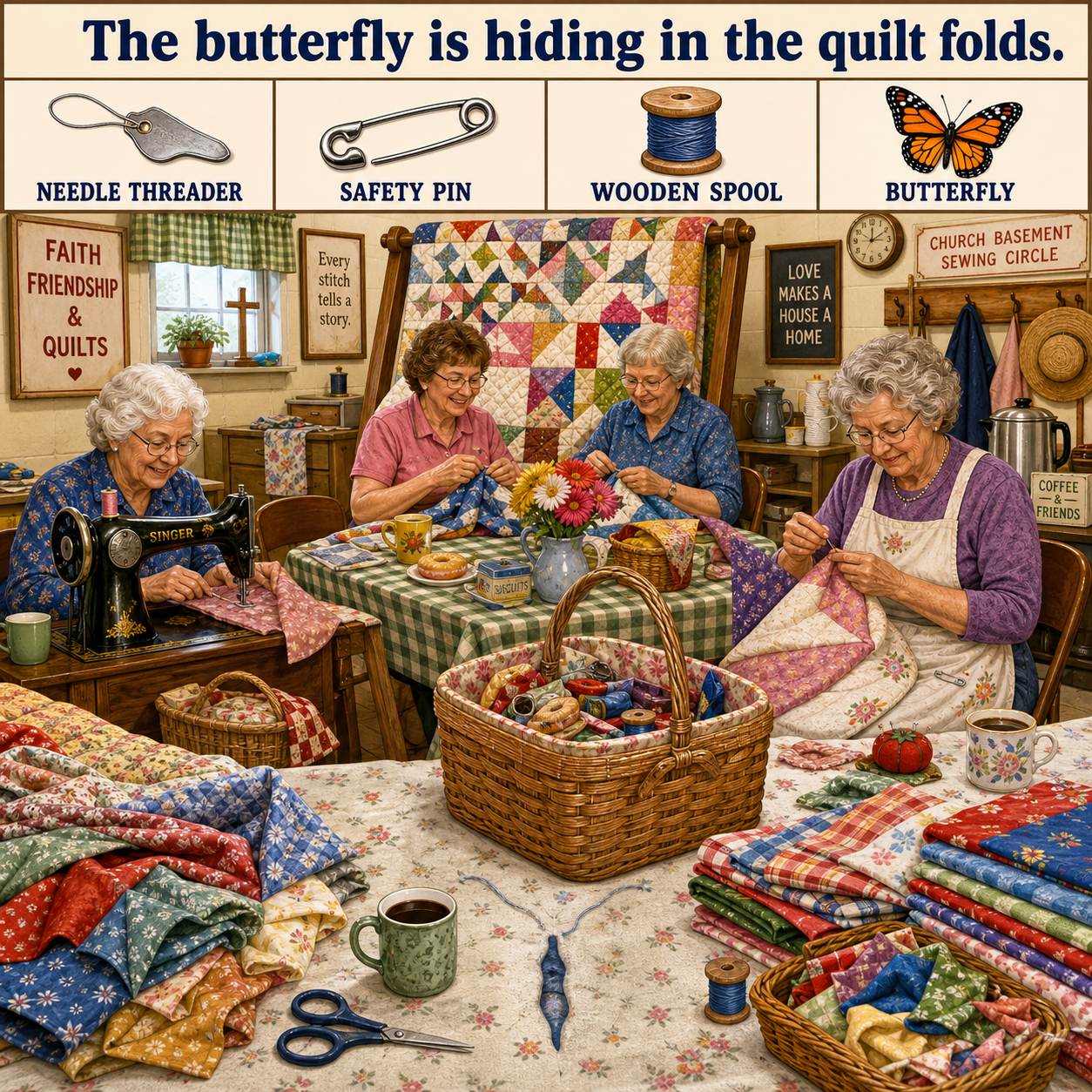 Answer: Four Hidden Objects at the Sewing Circle