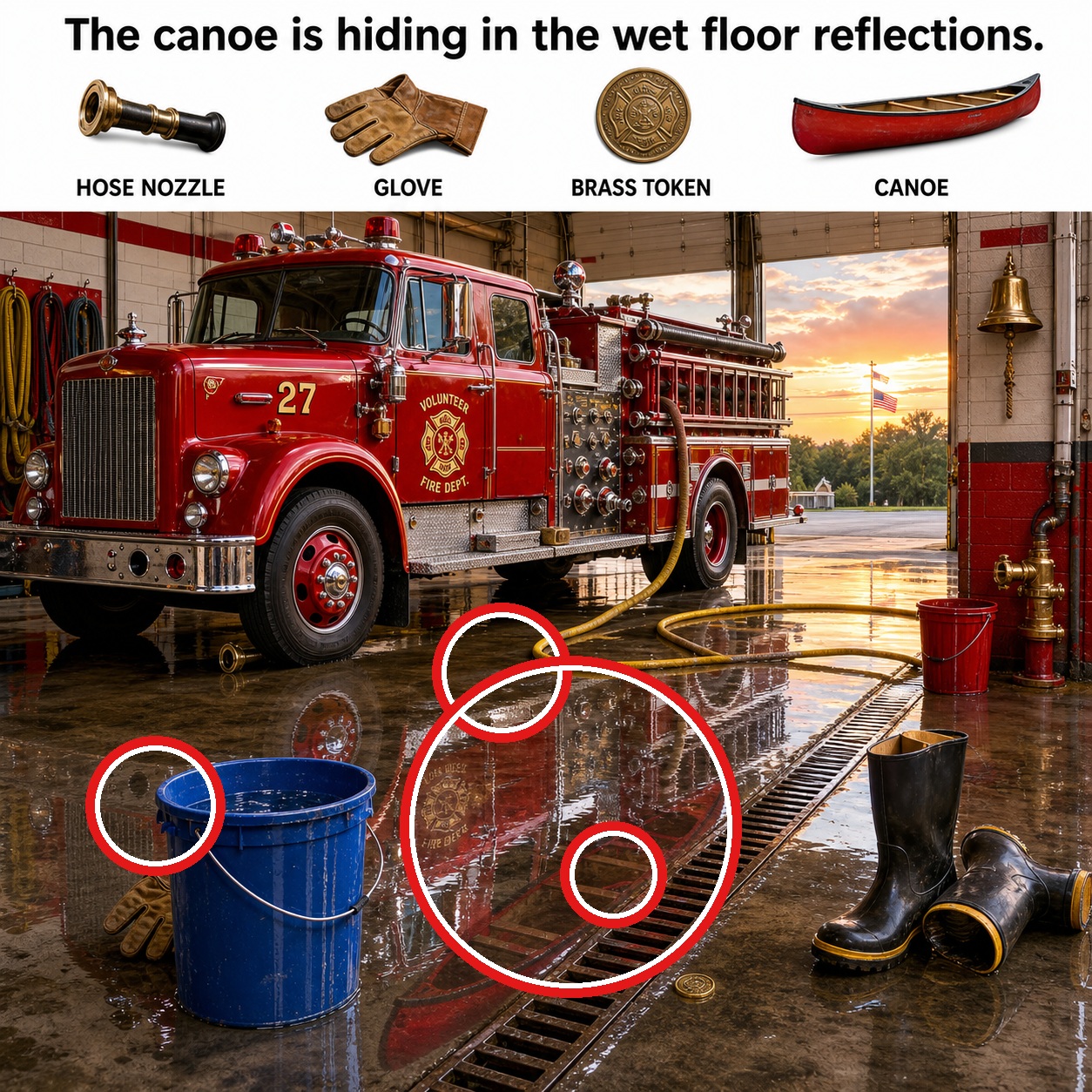 Answer: Four Hidden Objects in the Firehouse Wash Bay answer image