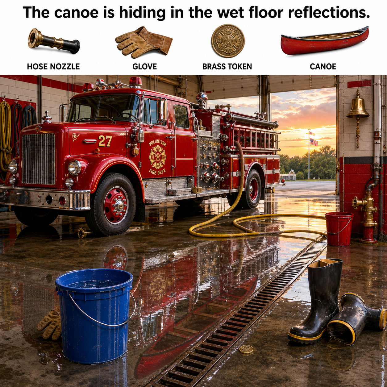 Answer: Four Hidden Objects in the Firehouse Wash Bay