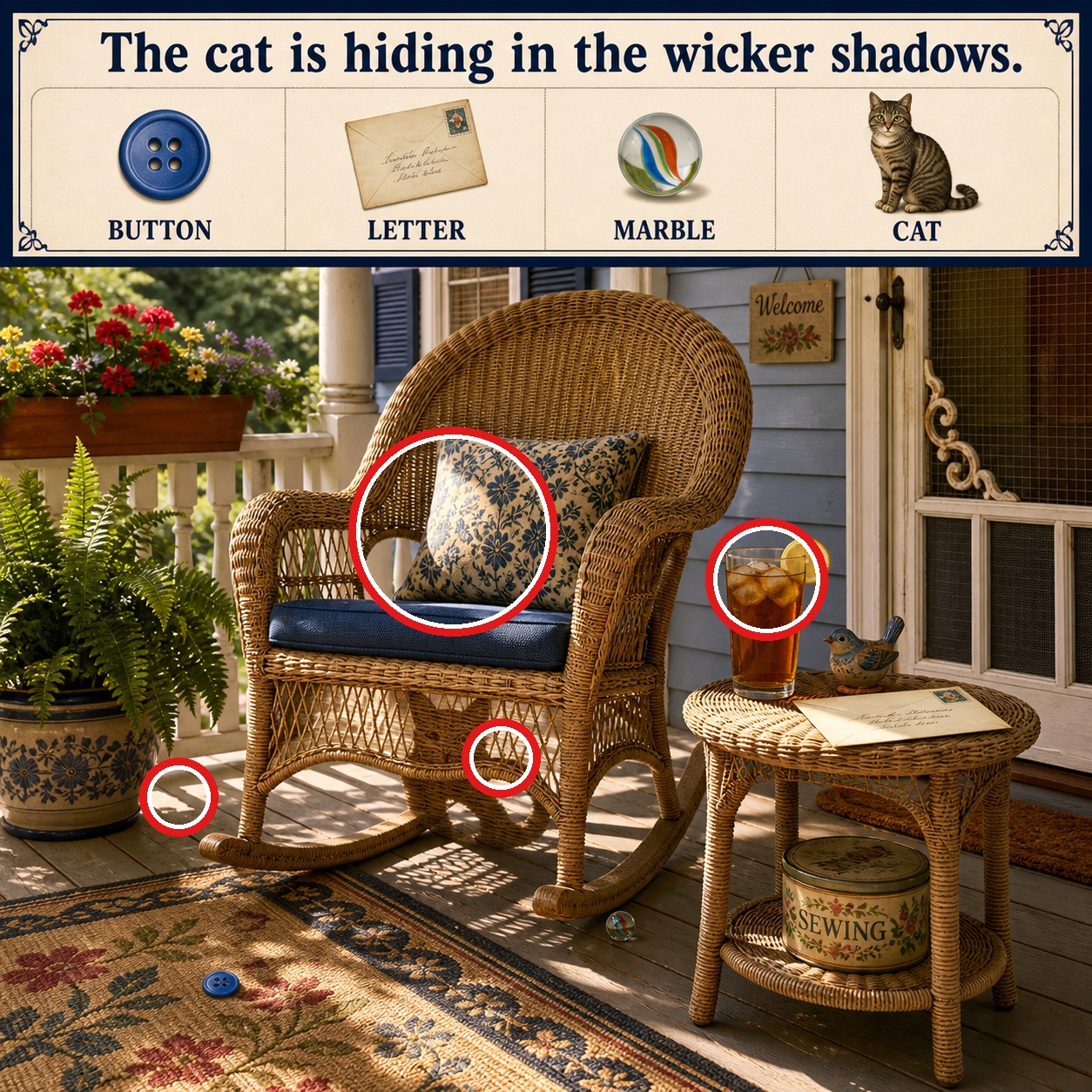 Answer: Four Hidden Objects by the Rocking Chair answer image