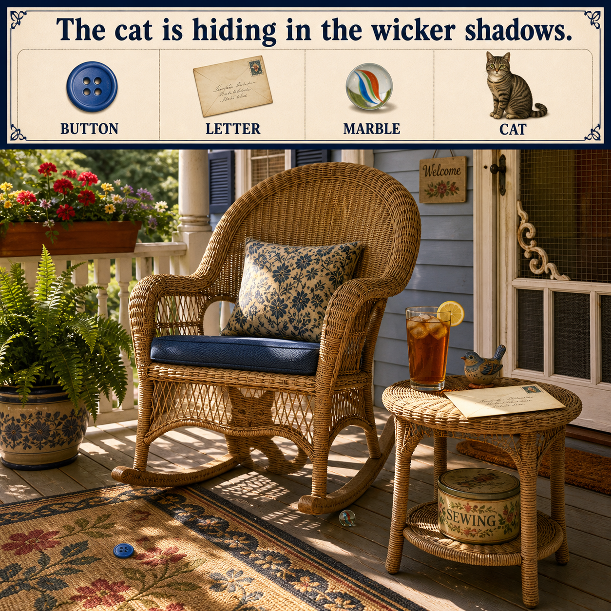 Answer: Four Hidden Objects by the Rocking Chair