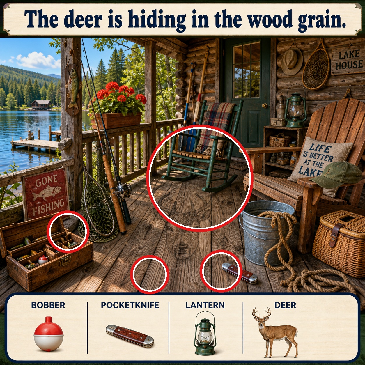 Answer: Four Hidden Objects on the Fishing Cabin Porch answer image
