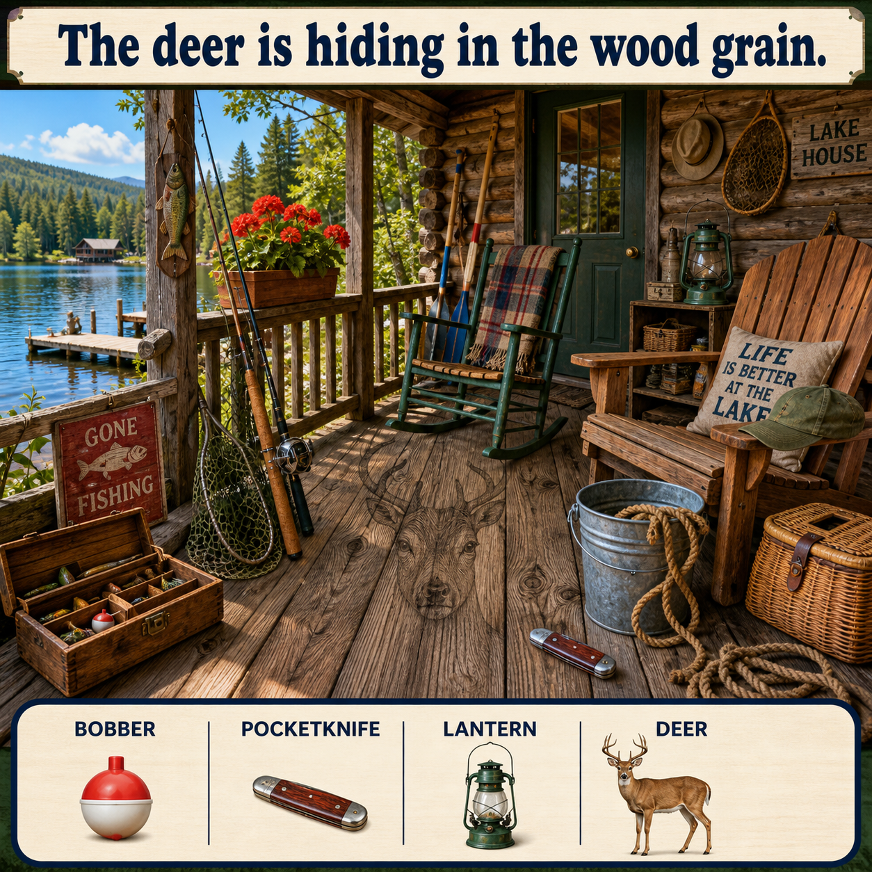 Answer: Four Hidden Objects on the Fishing Cabin Porch