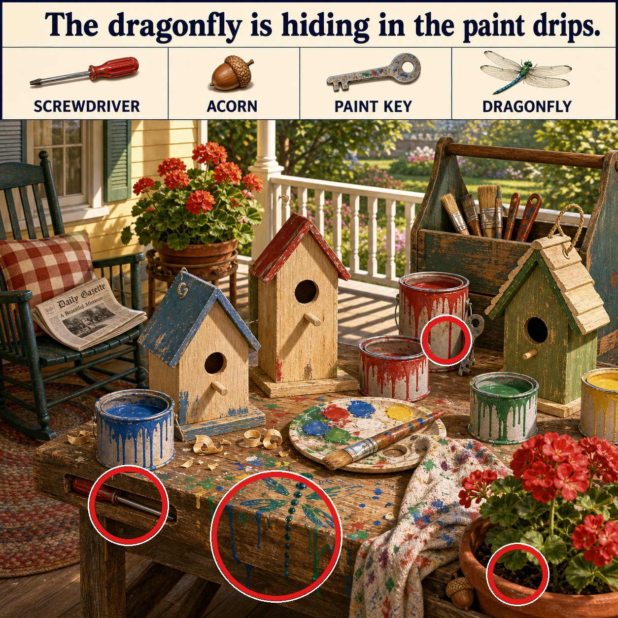 Answer: Four Hidden Objects on the Porch Painting Table answer image