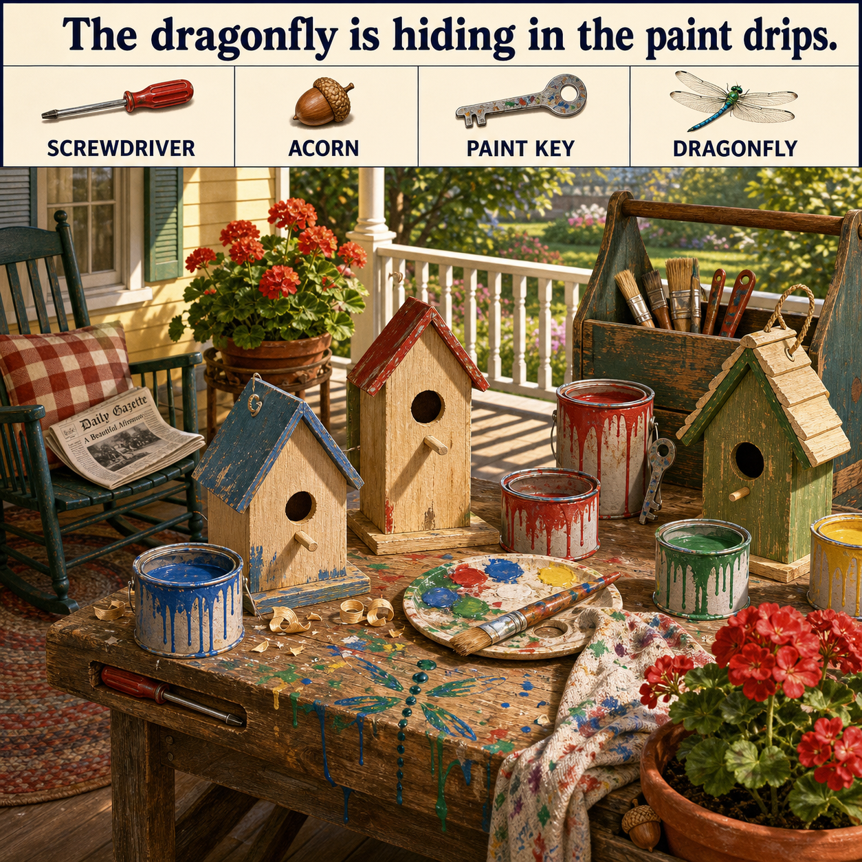 Answer: Four Hidden Objects on the Porch Painting Table