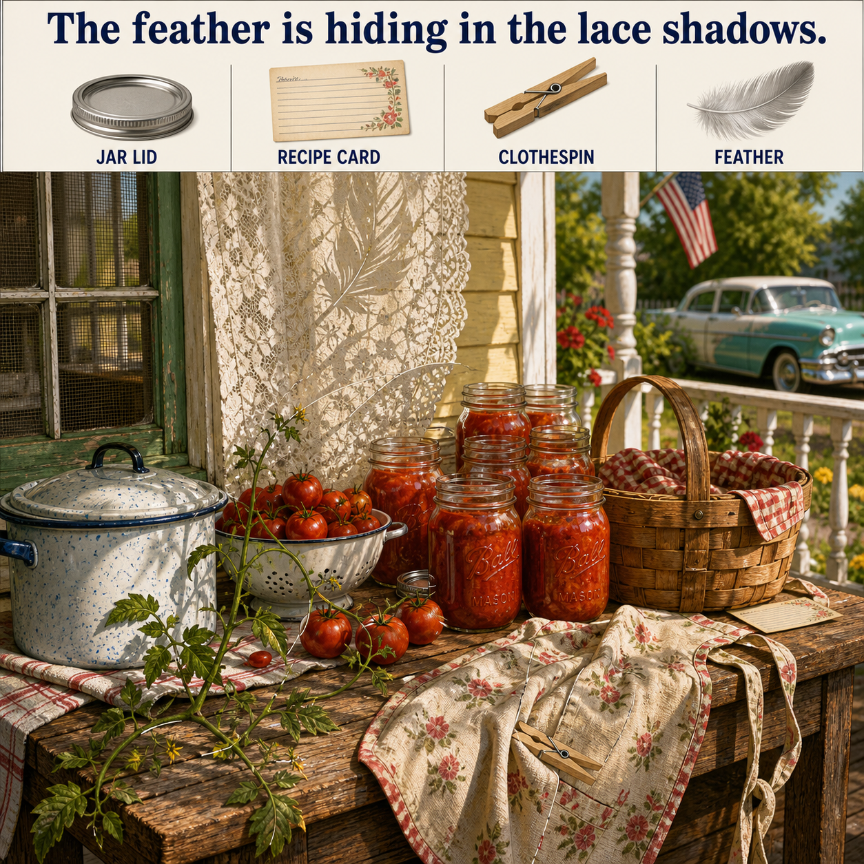 Answer: Hidden Feather Puzzle on the Canning Porch