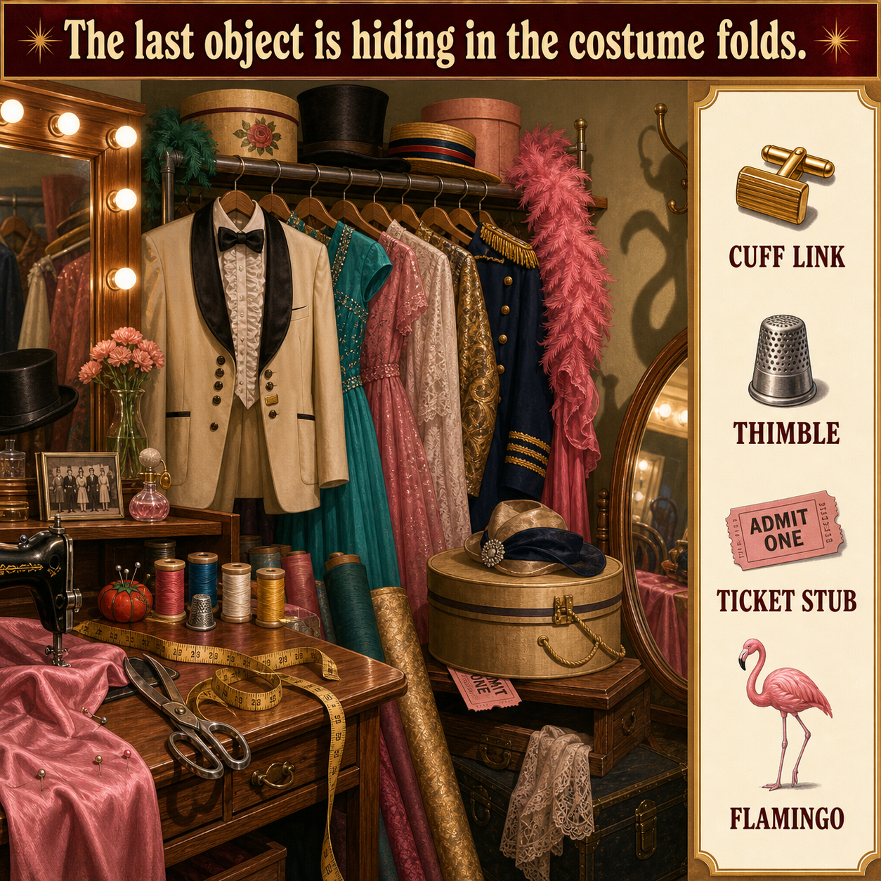 Answer: Four Hidden Objects in the Theater Costume Room