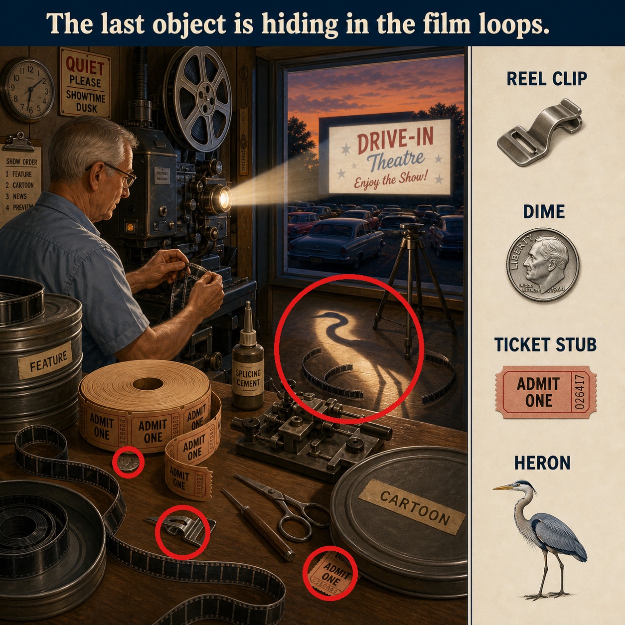 Answer: Four Hidden Objects in the Lakeside Drive-In Projection Booth answer image