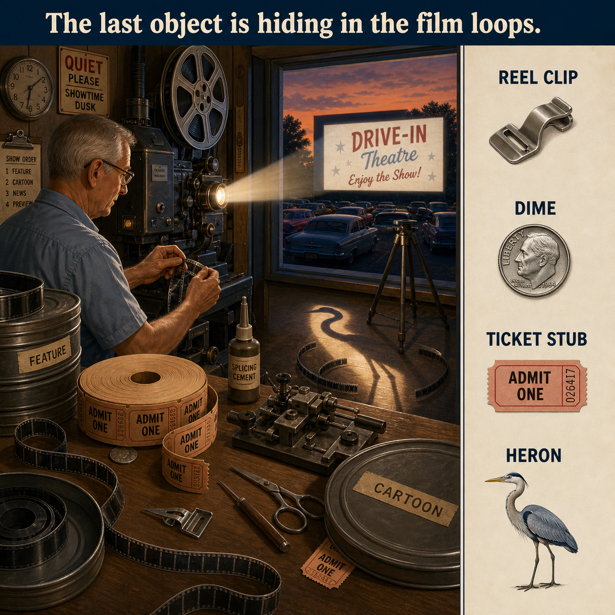 Answer: Four Hidden Objects in the Lakeside Drive-In Projection Booth