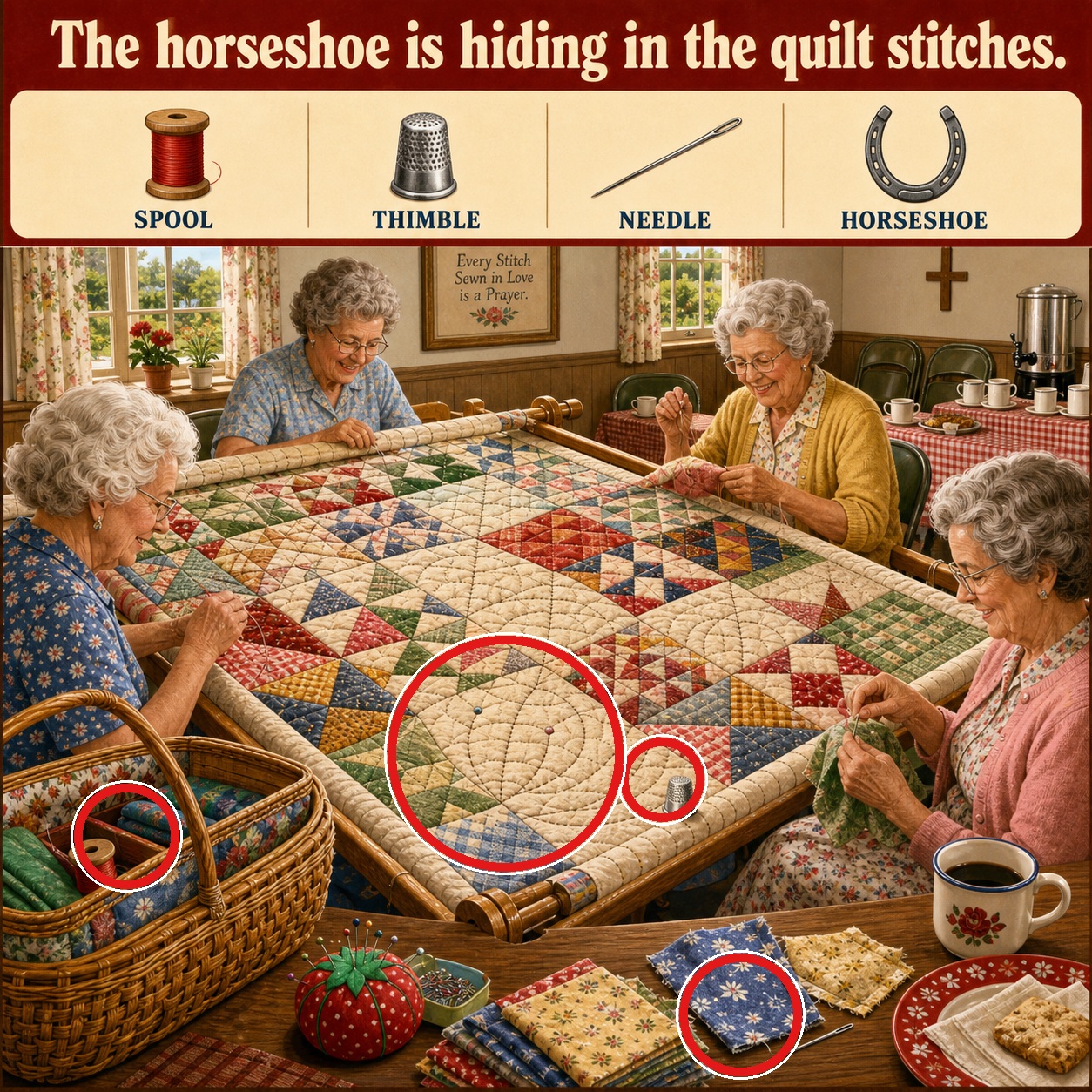 Answer: Hidden Horseshoe Puzzle at the Church Quilting Bee answer image