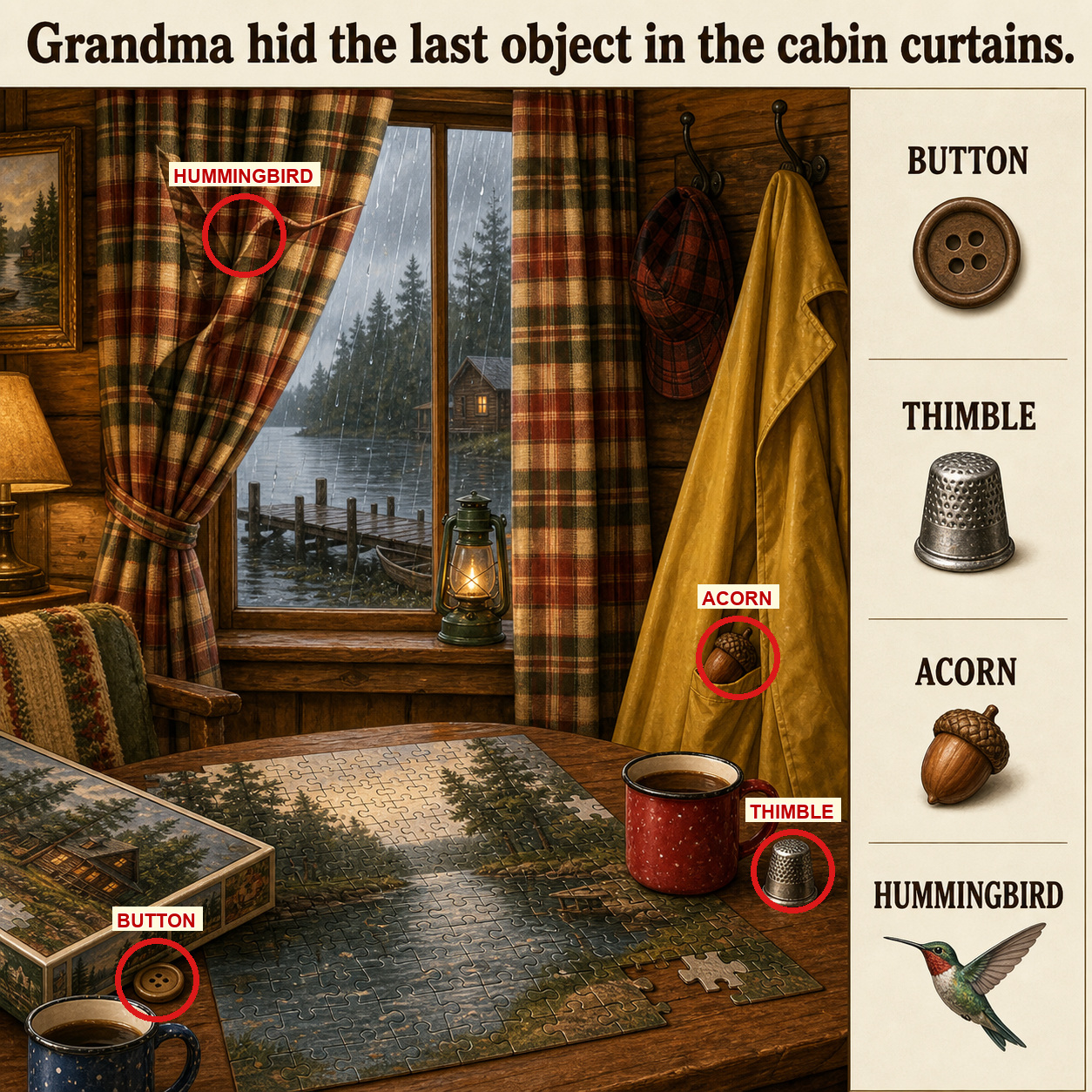 Answer: Four Hidden Objects in the Lakeside Cabin answer image