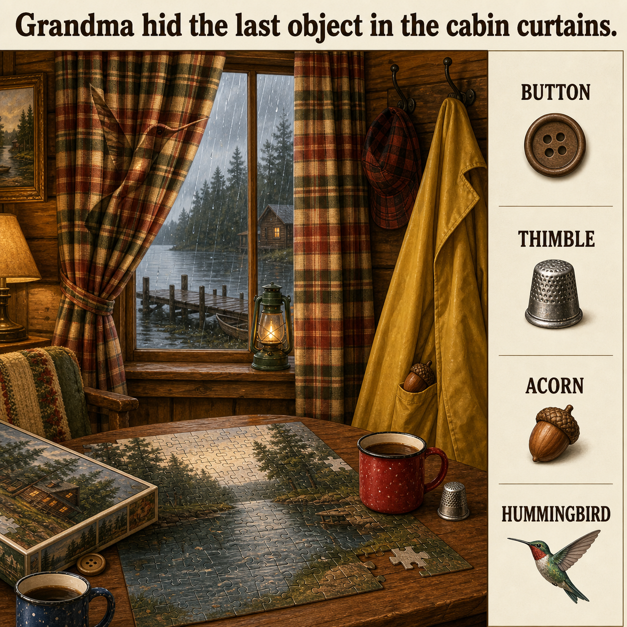 Answer: Four Hidden Objects in the Lakeside Cabin