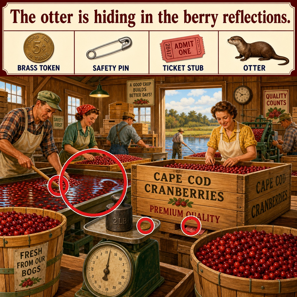 Answer: Four Hidden Objects in the Cranberry Packing Shed answer image