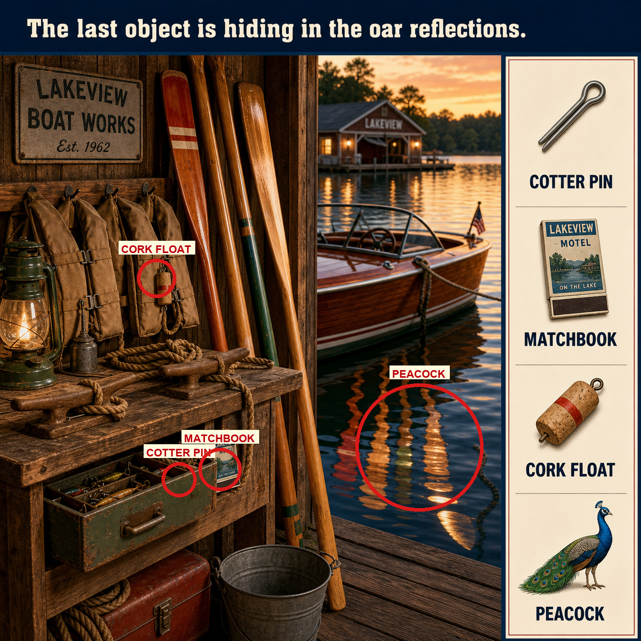 Answer: Four Hidden Objects in the Lakeside Boathouse answer image