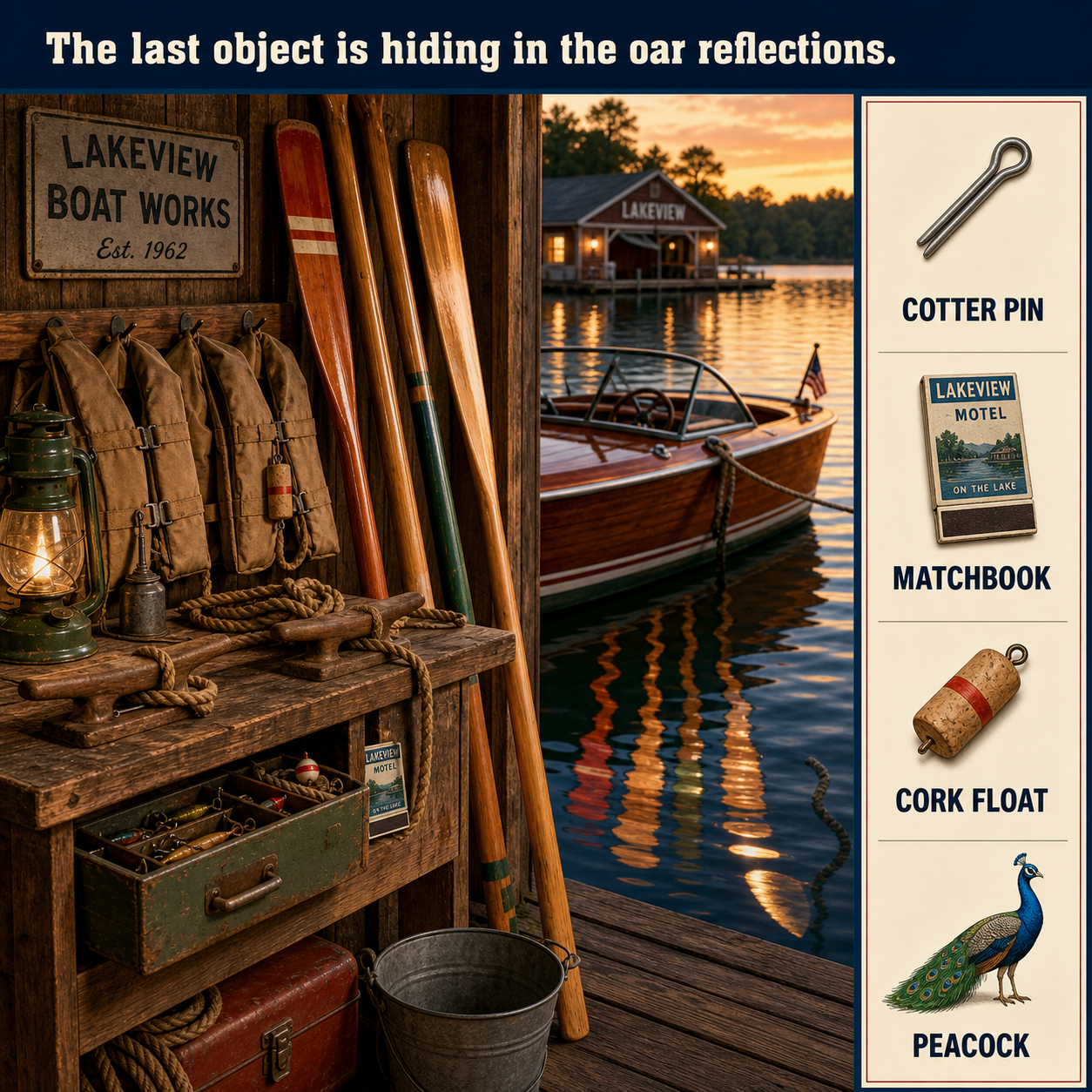 Answer: Four Hidden Objects in the Lakeside Boathouse
