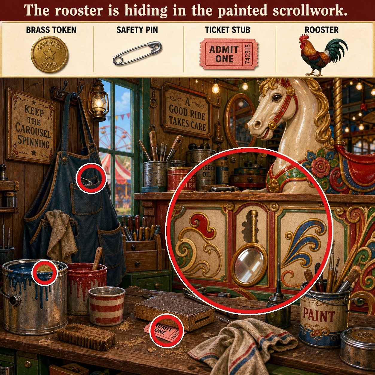 Answer: Four Hidden Objects in the Carousel Maintenance Room answer image