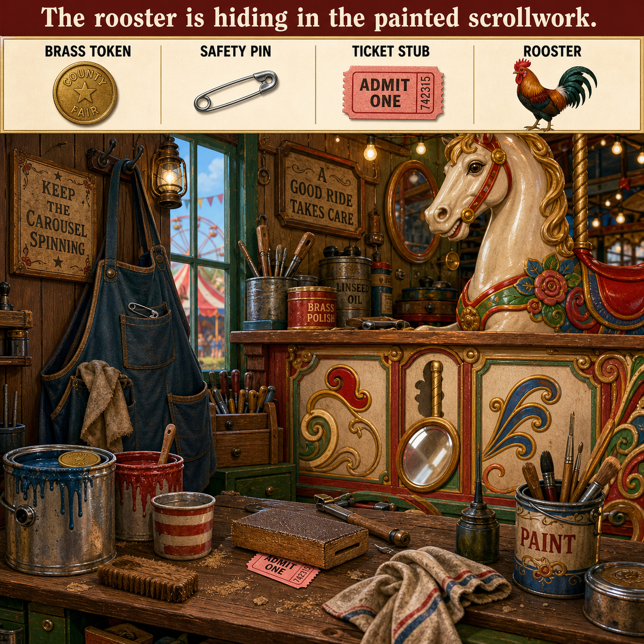 Answer: Four Hidden Objects in the Carousel Maintenance Room