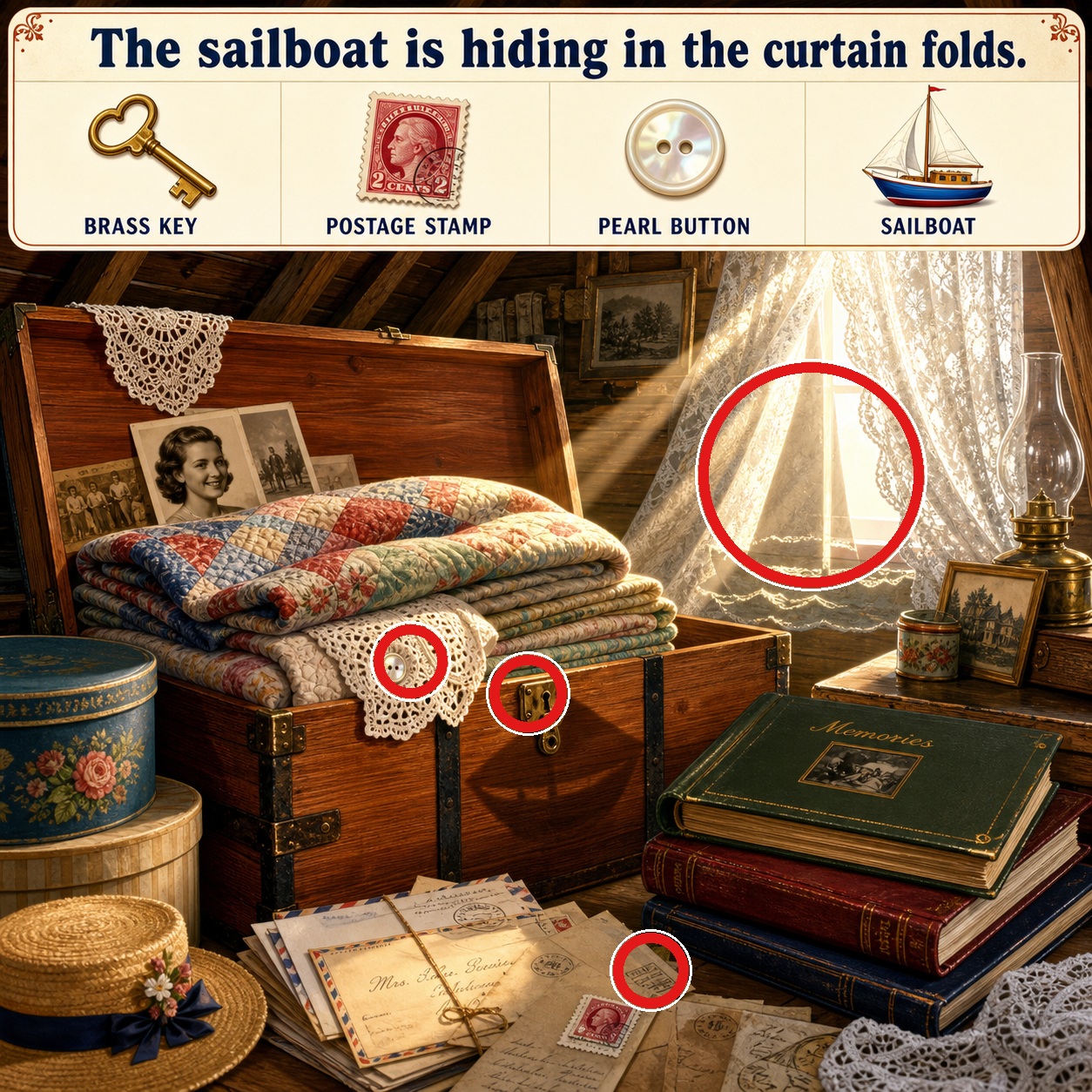 Answer: Four Hidden Objects in the Attic Trunk answer image