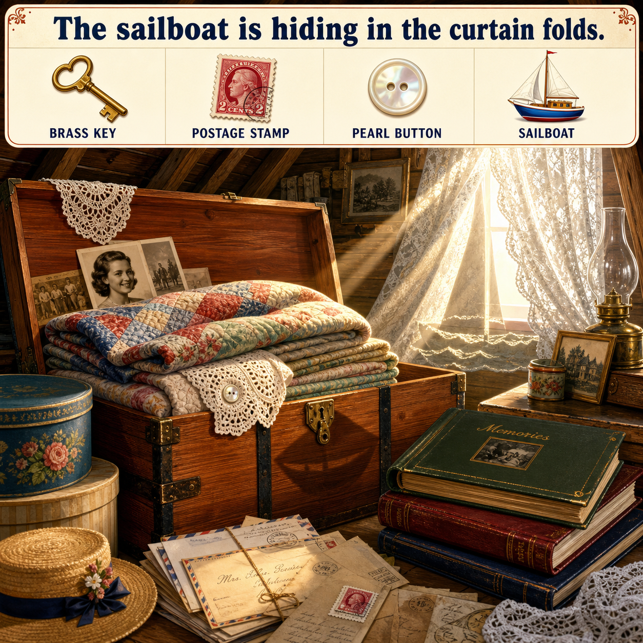 Answer: Four Hidden Objects in the Attic Trunk