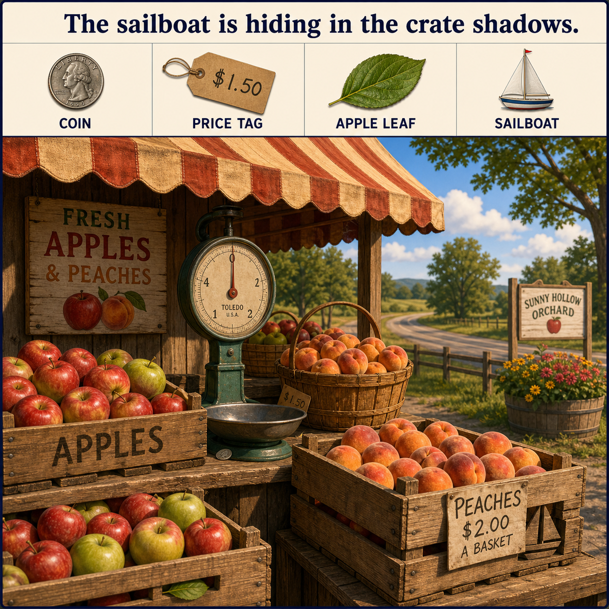 Answer: Four Hidden Objects at the Roadside Fruit Stand